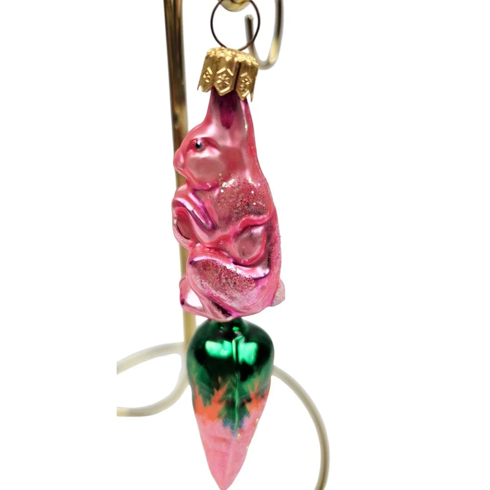 Rare Vtg Christopher Radko Pink Bunny Hop w/ Carrot‎ Glass Ornament